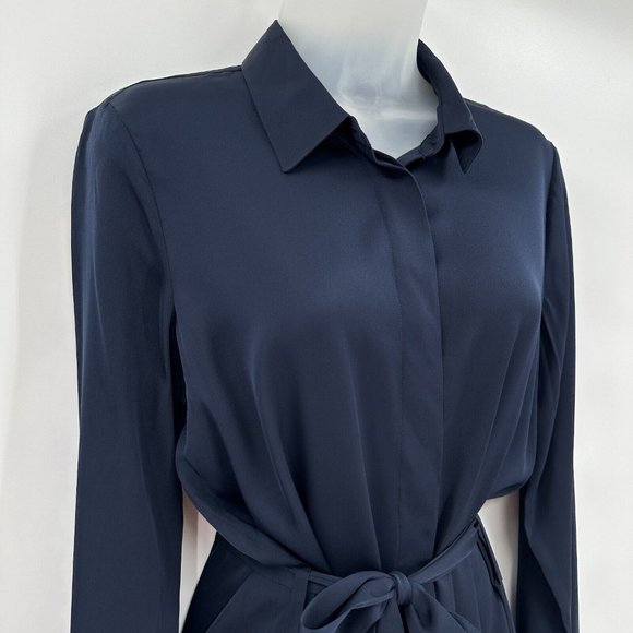 Quince Silk Shirt Dress Navy Blue sz S Women's Long Sleeve Belted NWT - Picture 3 of 8